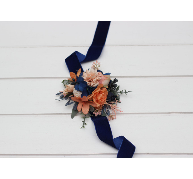 Peach & Navy Blue Wedding Boutonnieres and Wrist Corsages – Sophisticated Faux Flower Accessories