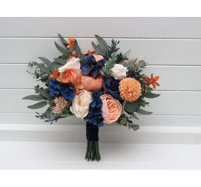Peach & Navy Blue Cascading Bridal Bouquet – Elegant Faux Florals for Weddings