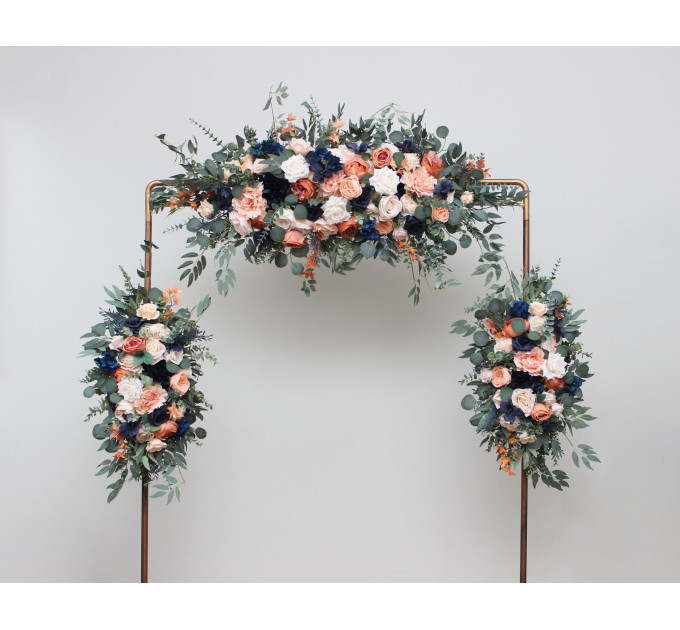 Peach & Navy Blue Flower Arch Arrangement – Real-Looking Blooms for Wedding Arbors