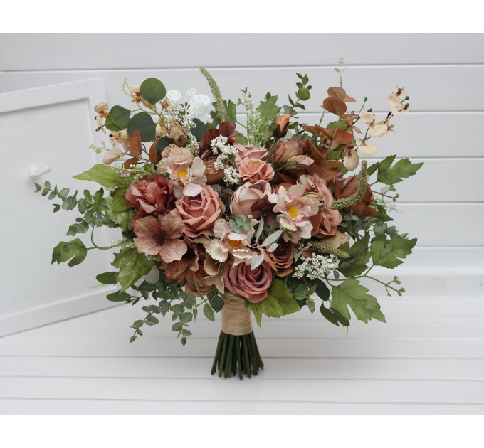 Dusty Rose, Olive, Beige & Brown Bridal Bouquet – Elegant Faux Blooms for Bride and Bridesmaids