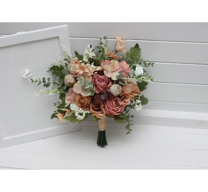 Dusty Rose, Olive, Beige & Brown Bridal Bouquet – Elegant Faux Blooms for Bride and Bridesmaids