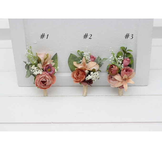 Dusty Rose, Olive, Beige & Brown Wedding Boutonnieres and Wrist Corsages – Faux Floral Accessories