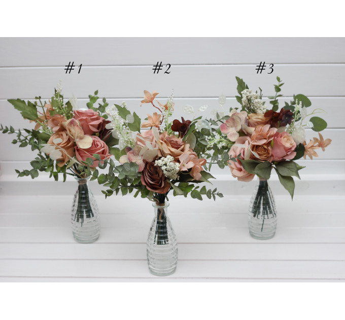 Mini Vase Bouquets in Dusty Rose, Olive, Beige & Brown – Simple Faux Wedding Table Flowers
