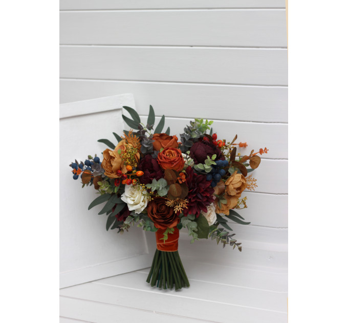 Rust, Burgundy & Ivory Wedding Bouquets – Faux Floral Elegance for Bride and Bridesmaids
