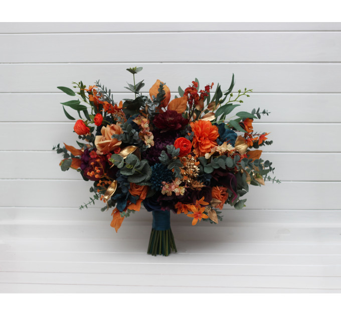 Teal, Rust, Gold, Plum & Mustard Wedding Bouquets – Jewel-Tone Faux Blooms for Bride and Bridesmaids