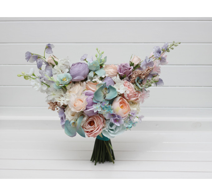 Pastel Bridal Bouquet – Faux Wedding Flowers in Turquoise, Lilac, Blush Pink & White
