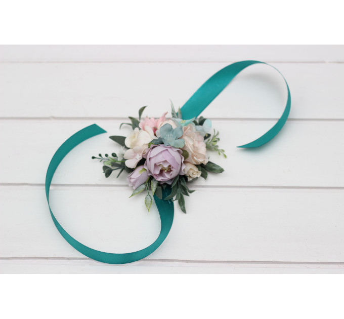 Pastel Pocket Boutonniere & Wrist Corsage – Faux Wedding Flowers in Turquoise, Lilac, Blush & White