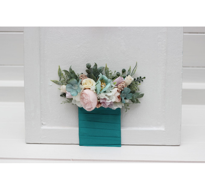 Pastel Pocket Boutonniere & Wrist Corsage – Faux Wedding Flowers in Turquoise, Lilac, Blush & White