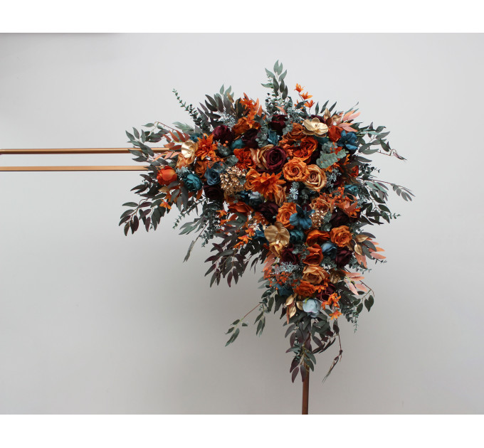Flower Arch Arrangement in Teal, Rust, Burgundy & Gold | Faux Floral Archway for Wedding