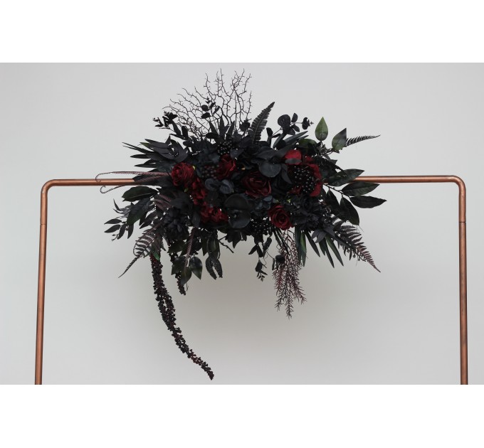  Flower arch arrangement in black and  burgundy colors.  Arbor flowers. Floral archway. Faux flowers for wedding arch. Halloween wedding. 5197
