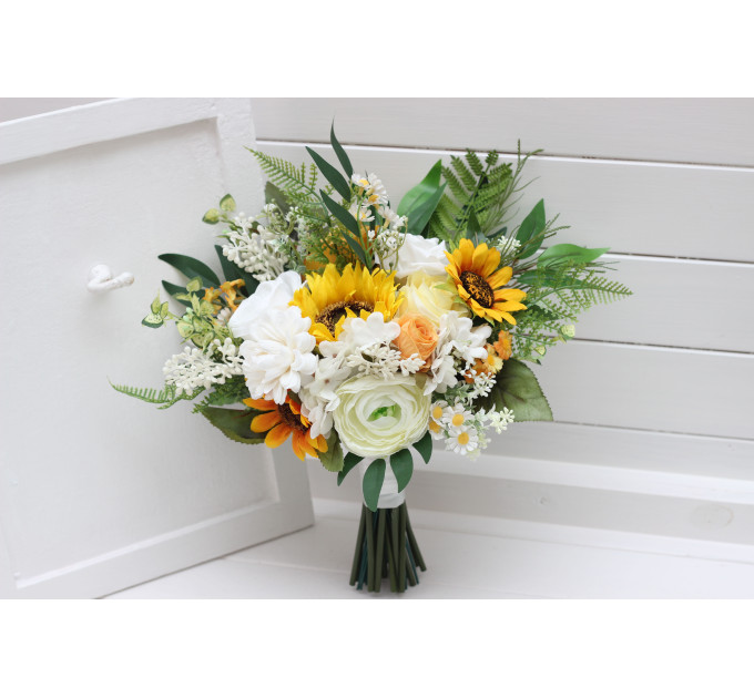 Sunflower Bridal & Bridesmaid Bouquets – White & Yellow Faux Blooms for Rustic Weddings