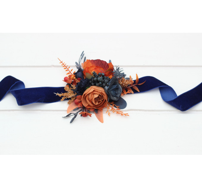 Navy Blue & Rust Wedding Boutonnieres and Wrist Corsages – Faux Floral Accessories with Warm Elegance