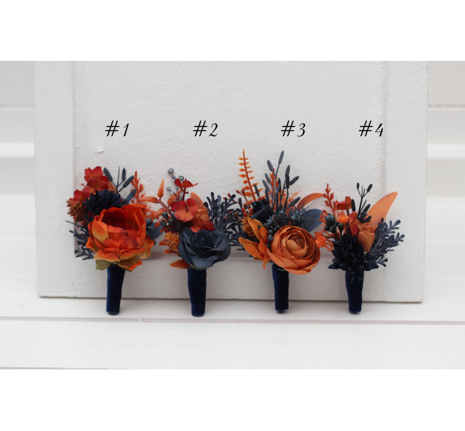 Navy Blue & Rust Wedding Boutonnieres and Wrist Corsages – Faux Floral Accessories with Warm Elegance