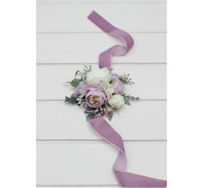 White, Lilac, Purple & Sage Green Wedding Boutonnieres and Wrist Corsages – Soft Faux Flower Accessories
