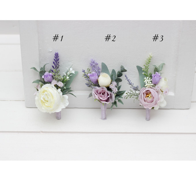 White, Lilac, Purple & Sage Green Wedding Boutonnieres and Wrist Corsages – Soft Faux Flower Accessories