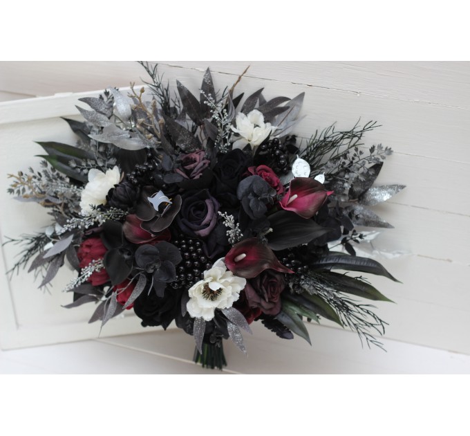 Faux bouquet. Deep purple black silver white anemone flowers. Fall bridal bouquet. Faux bouquet. Halloween wedding.Gothic black wedding bouquet. 5125