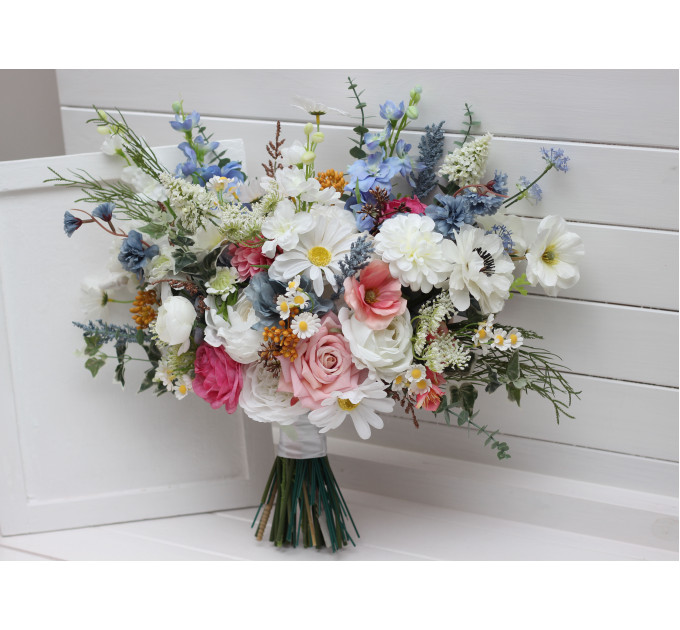 Wildflower Bridal & Bridesmaid Bouquets – Faux Blooms in White, Dusty Blue & Pink