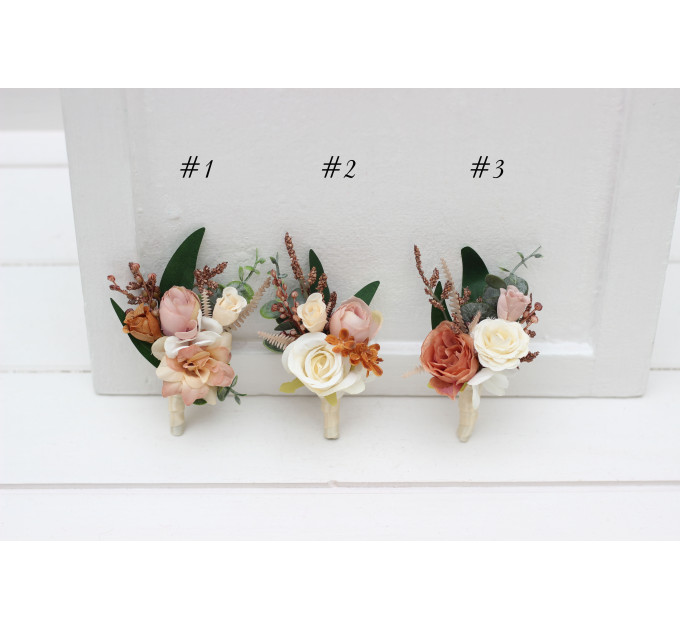 Rust, Terracotta & Ivory Wedding Accessory Set – Faux Boutonnières & Wrist Corsages