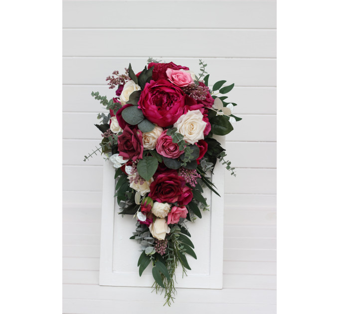 Cascading Bouquet in Berry Tones, Magenta & Ivory – Faux Wedding Flowers for Bride or Bridesmaids