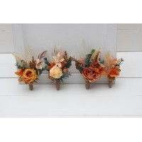  Wedding boutonnieres and wrist corsage  in cinnamon rust orange color scheme. Flower accessories. 5146