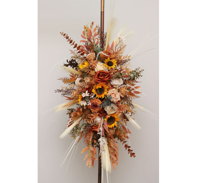 Flower Arch Arrangement in Orange, Rust & Beige with Pampas Grass | Faux Wedding Arch with Sunflowers