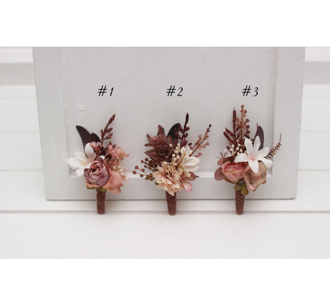 Beige, Terracotta, Blush Pink & Dusty Rose Boutonnieres & Wrist Corsages – Faux Wedding Accessories