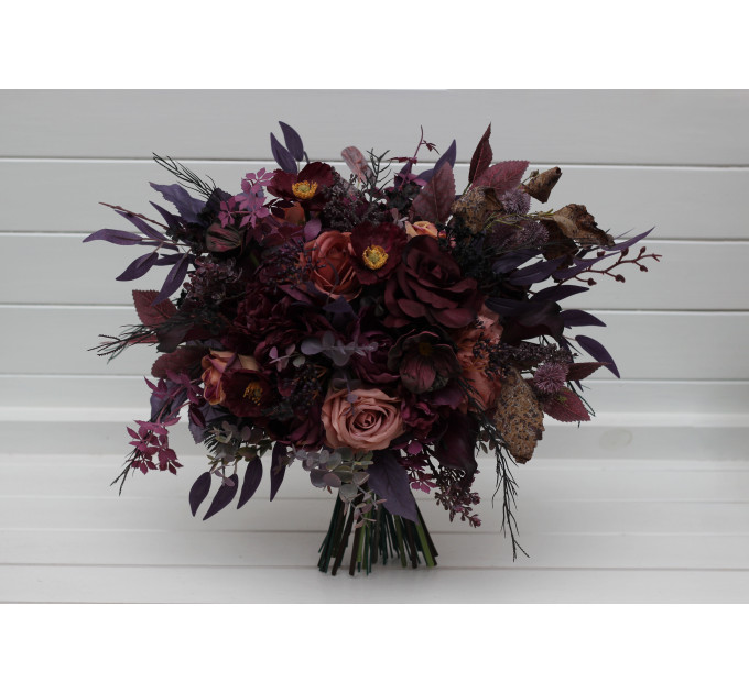 Moody Wedding Bouquet – Faux Bridal Flowers in Purple, Black & Dusty Rose