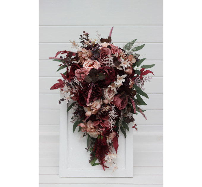 Cascading Wedding Bouquet – Faux Bridal Flowers in Burgundy, Dusty Rose & Blush Pink