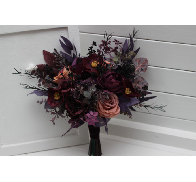 Moody Wedding Bouquet – Faux Bridal Flowers in Purple, Black & Dusty Rose