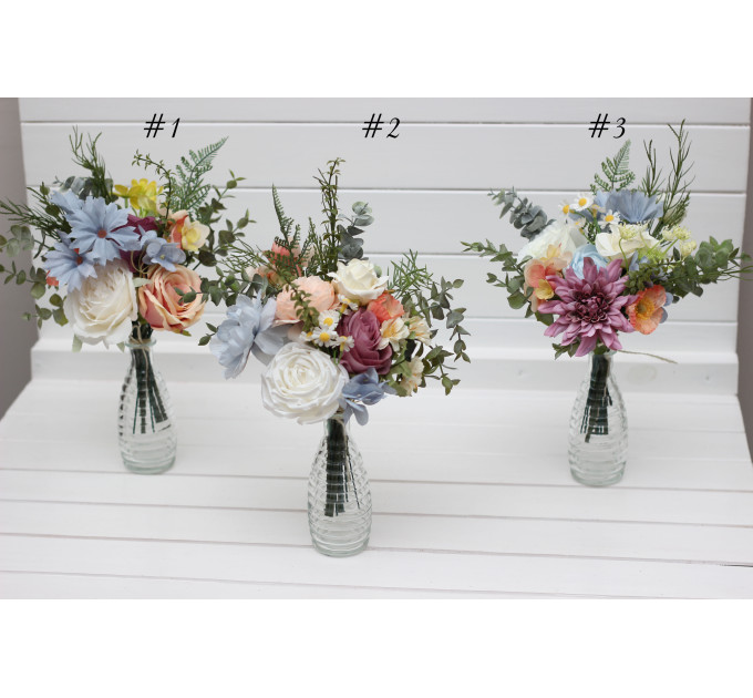 Simple Wedding Table Flowers – Wildflower Mini Bouquets in Dusty Blue, Peach, Lilac & Cream