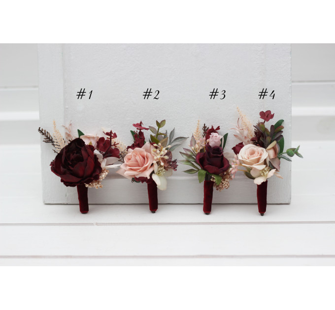 Burgundy & Blush Pink Wedding Boutonnieres & Wrist Corsages – Faux Floral Accessories
