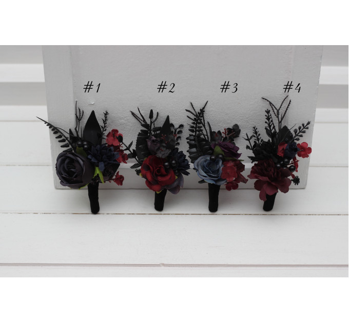 Dark Moody Wedding Boutonnieres – Gothic Floral Accessories in Purple, Black, Blue & Burgundy