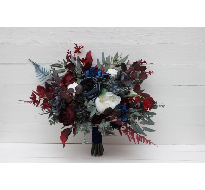 Wedding bouquets in navy blue white burgundy colors. Bridal bouquet. Cascading bouquet. Faux bouquet. Bridesmaid bouquet. 5224