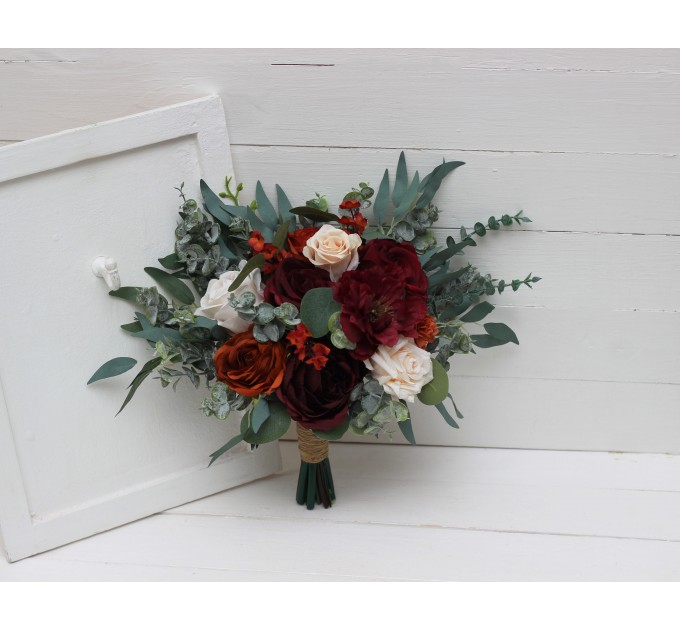 Wedding bouquets in rust blush pink and burgundy colors. Bridal bouquet. Cascading bouquet. Faux bouquet. Bridesmaid bouquet. 5226