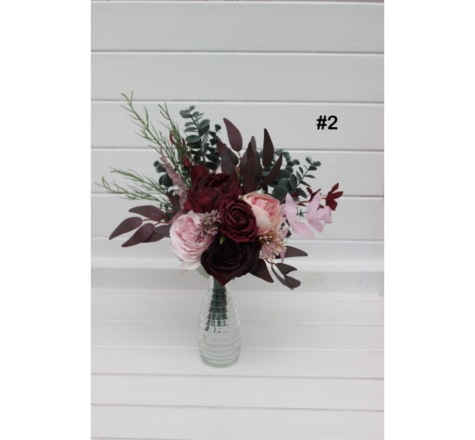 Burgundy & Dusty Pink Table Flowers – Mini Faux Bouquets for Wedding Decor