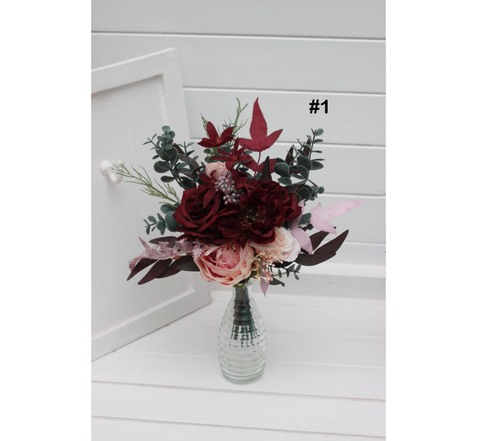 Burgundy & Dusty Pink Table Flowers – Mini Faux Bouquets for Wedding Decor