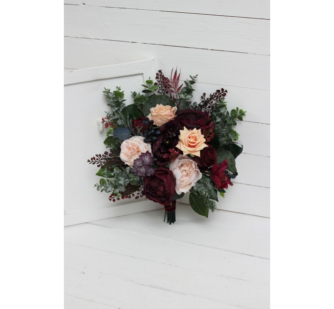 Bouquets in purple peach burgundy magenta color theme. Bridal bouquet. Faux bouquet. Bridesmaid bouquet. 5316