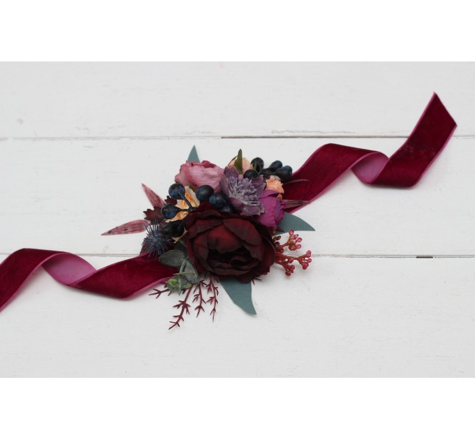  Wedding boutonnieres and wrist corsage  in purple peach burgundy magenta color scheme. Flower accessories. 5316