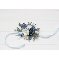  Wedding boutonnieres and wrist corsage  in dusty blue white color theme. Flower accessories. 0508