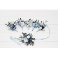  Wedding boutonnieres  in dusty blue white color scheme. Flower accessories. 5251