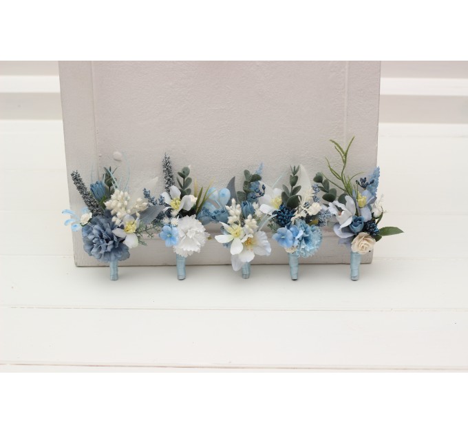  Wedding boutonnieres  in dusty blue white color scheme. Flower accessories. 5251