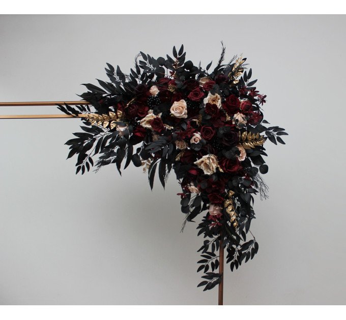 Flower Arch Arrangement in Burgundy, Black, Gold & Beige | Faux Floral Archway for Halloween Wedding