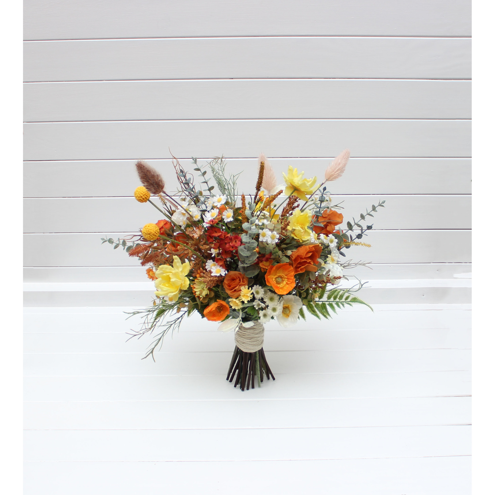 Burnt Orange & Yellow Bridal Bouquet – Faux Wildflowers with