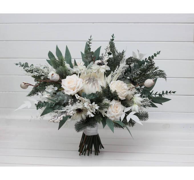 Winter Protea Bridal Bouquet – White & Sage Green Faux Wedding Flowers