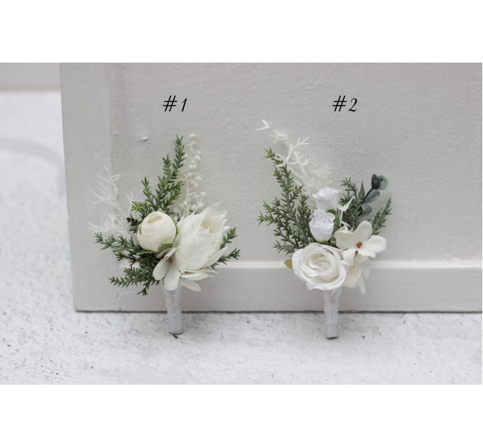 White Winter Wedding Boutonnieres – Elegant Faux Floral Accessories