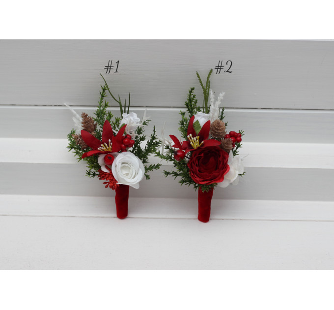 Red & White Winter Wedding Boutonnieres – Elegant Faux Floral Accessories