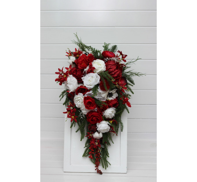 Red & White Cascading Bridal Bouquet – Winter Wedding Faux Flowers