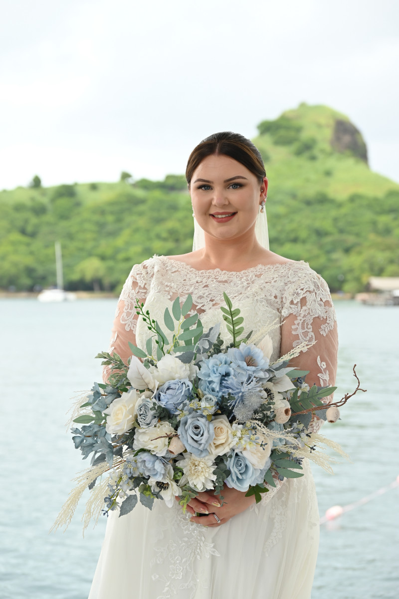 Tropical Beach Bride with Dusty Blue & White Wedding Bouquet3008-1200