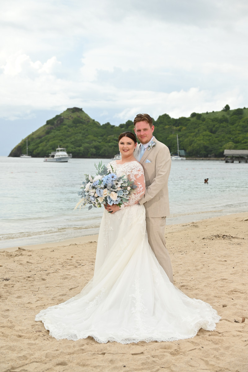 Romantic Dusty Blue & White Wedding Bouquet on Tropical Beach3008-1200
