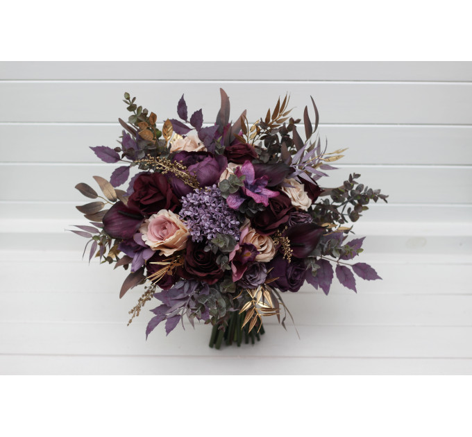 Purple, Lilac, Gold & Beige Bridal Bouquet – Elegant Faux Wedding Flowers